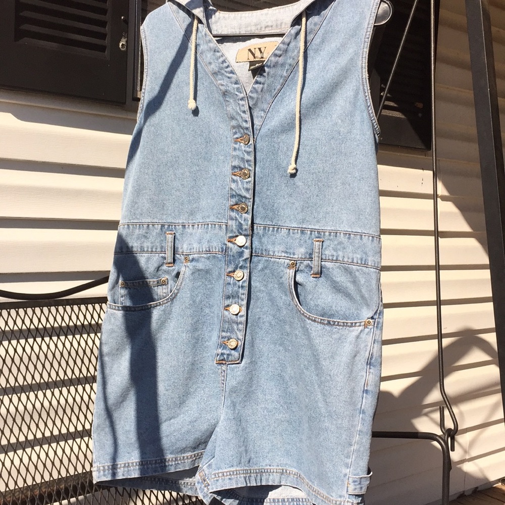 NY Line Vintage Denim Hooded Shorts Jumpsuit Size M